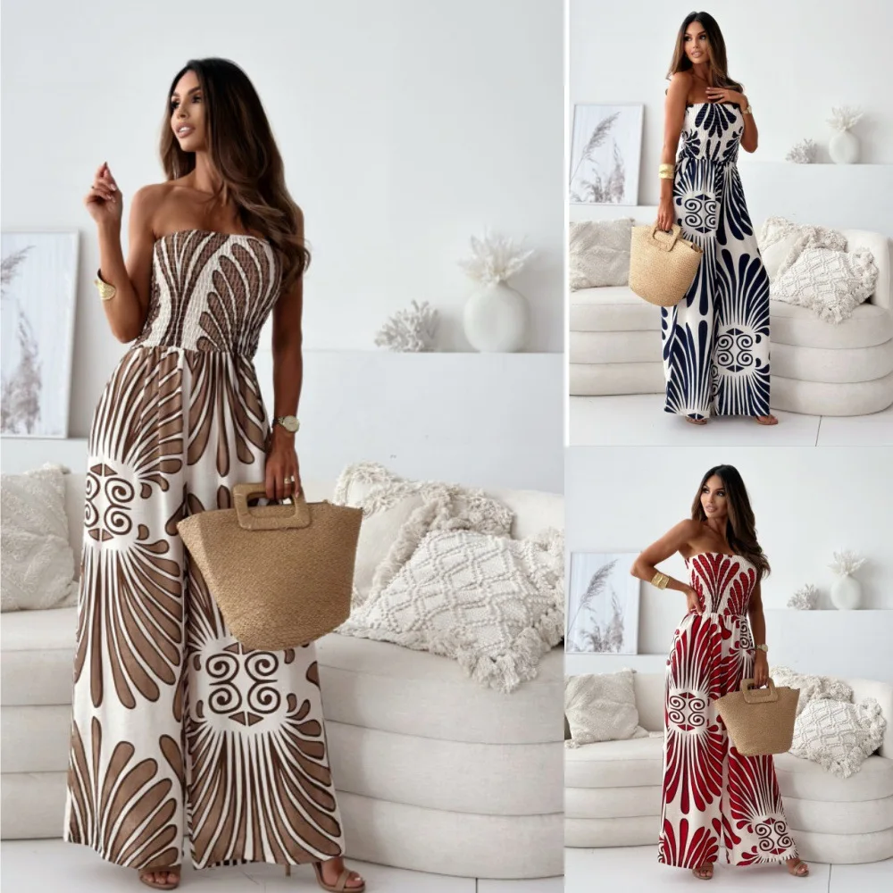 Women Wide Leg Jumpsuit 2024 Summer Beach Office Lady Elagant Retro Pattern Rompers Tunic Playsuits  Macacão Femininos Elegantes