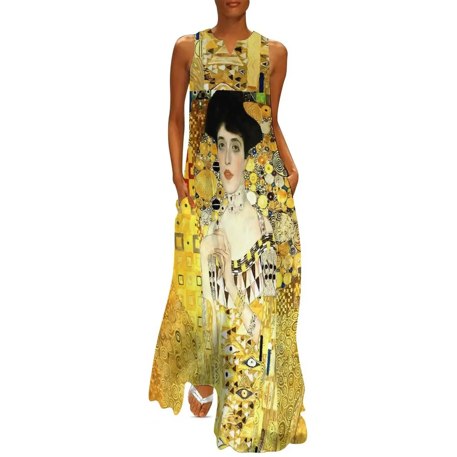 Oil Painting Dress Sexy Sleeveless Party Maxi Dress Streetwear Boho Beach Long Dresses Woman V-Neck Printed Dress Women Vestidos