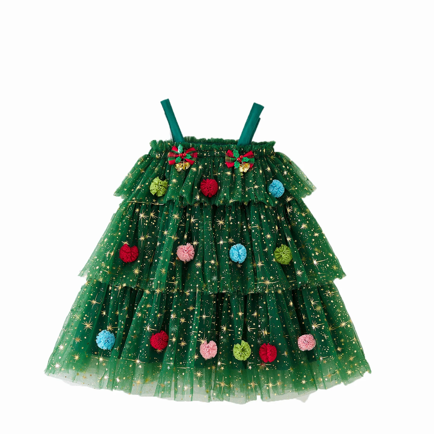 2026 السنة الجديدة فتاة صغيرة فستان عيد الميلاد الأخضر ستار طباعة ساحة الرقبة بلا أكمام الطبقات تول فستان مع القوس جرس مشبك شعر #5