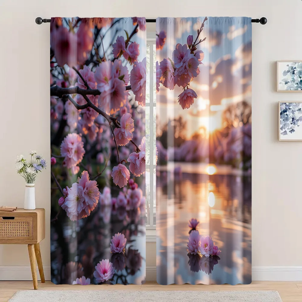 

2pc, Party Curtain Sakura lakeside Versatile Polyester Fabric,Without Electricity Holiday Decorations Applies to bedroom and