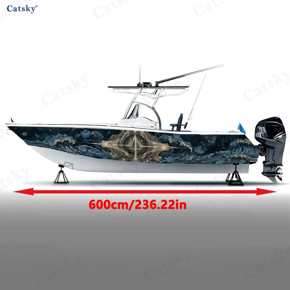 Nautical Chart Pattern Giant Wave Boat Stickers, PVC Waterproof Vinyl Wrap Decals for Fishing Boats, Durable and Stylish Design