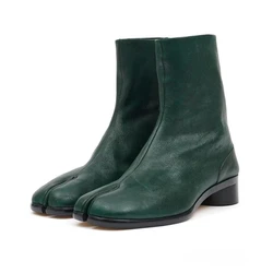 Retro Men Dark Green Leather Split Toe Boots Spring Autumn Male High-Top Short Boots Comfortable Slip On Ankle Boots