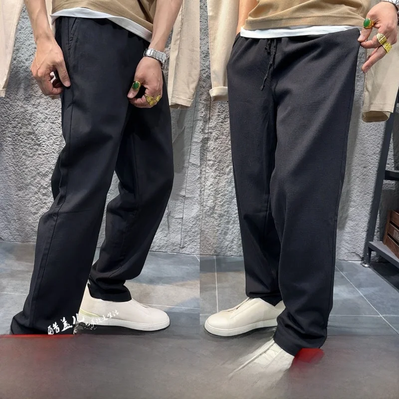 

High-End Japanese Style Men's Summer Casual Pants Breathable Loose Elastic Waist Minimalist Linen Long Trousers Fashionable