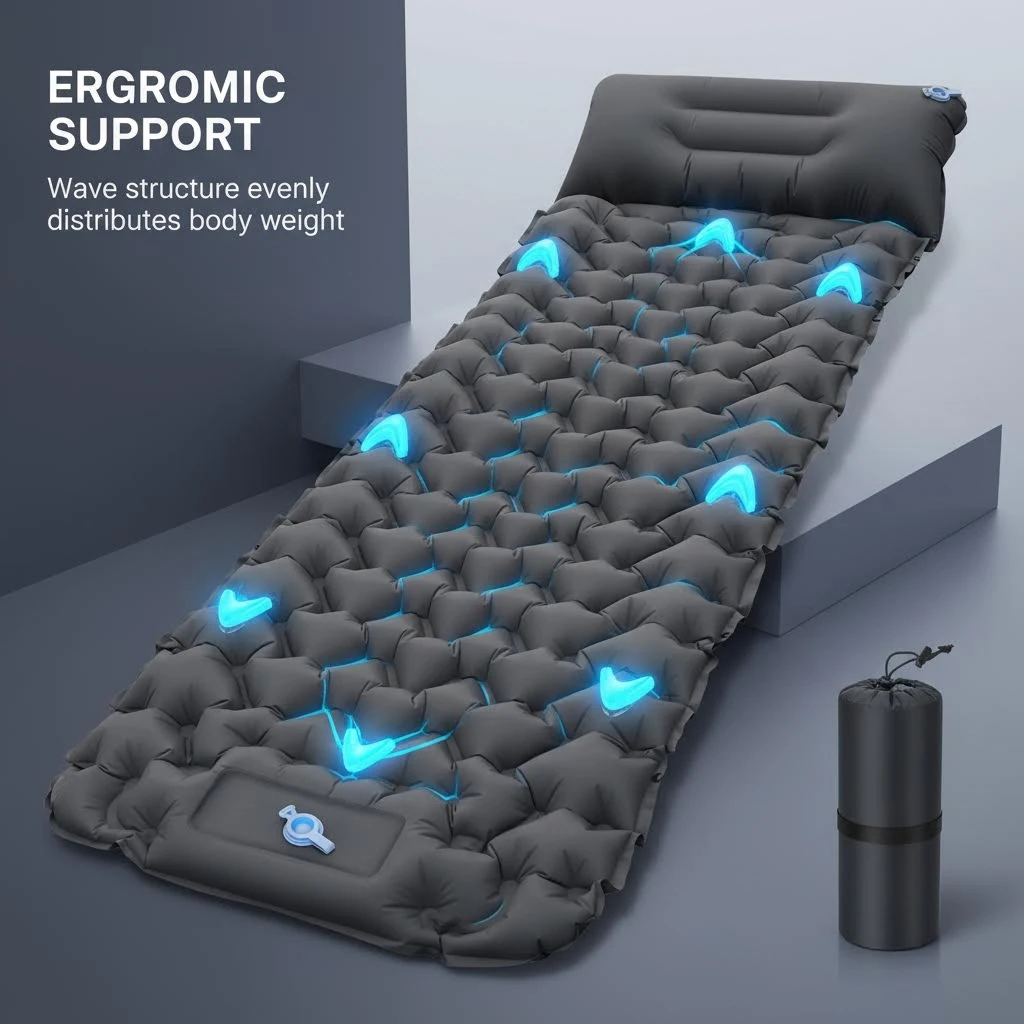 

Ultralight Camping Sleeping Pad With Built-in Pillow Foot Pump 8CM Thick Inflatable Camping Mattress Portable Sleeping Mat