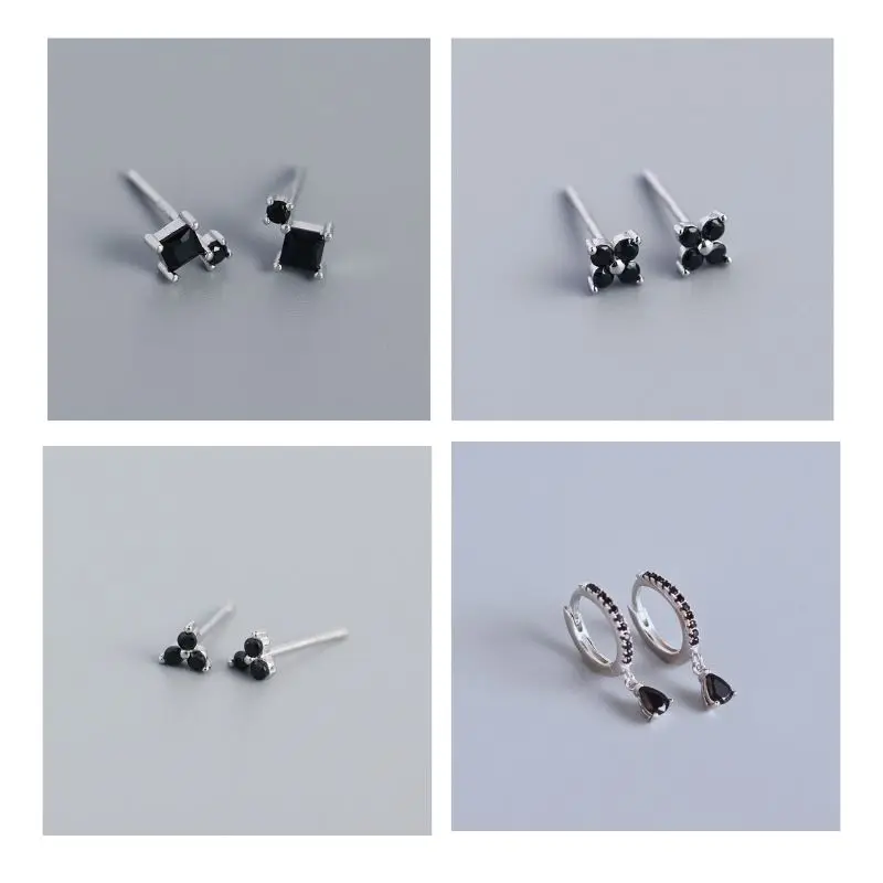 925 Sterling Silver Ear Needle Black Zircon Earrings Geometric/butterfly Pendant Hoop Silver Earrings For Women Fashion Jewelry