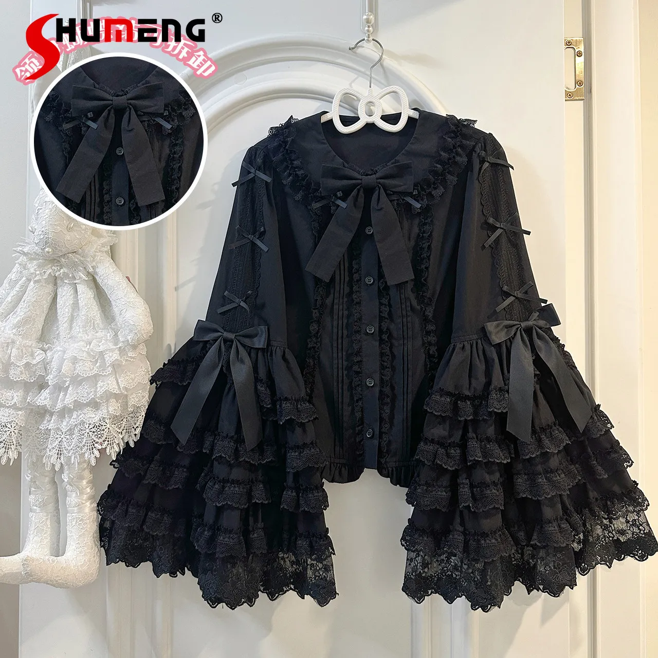 

Original Japanese Gothic Lolita Black Blouse Spring New Women Ji Sleeve Bow Collar Ruffle Lace Shirt Girls Long Sleeve Tops
