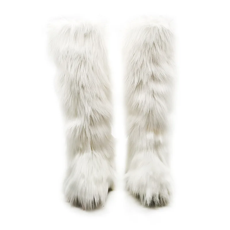 Winter Knee High Fluffy Boots Ladies Furry Faux Fox Fur Long Warm Shoes Women New Designer Plush Knee High Fur Boots Girls