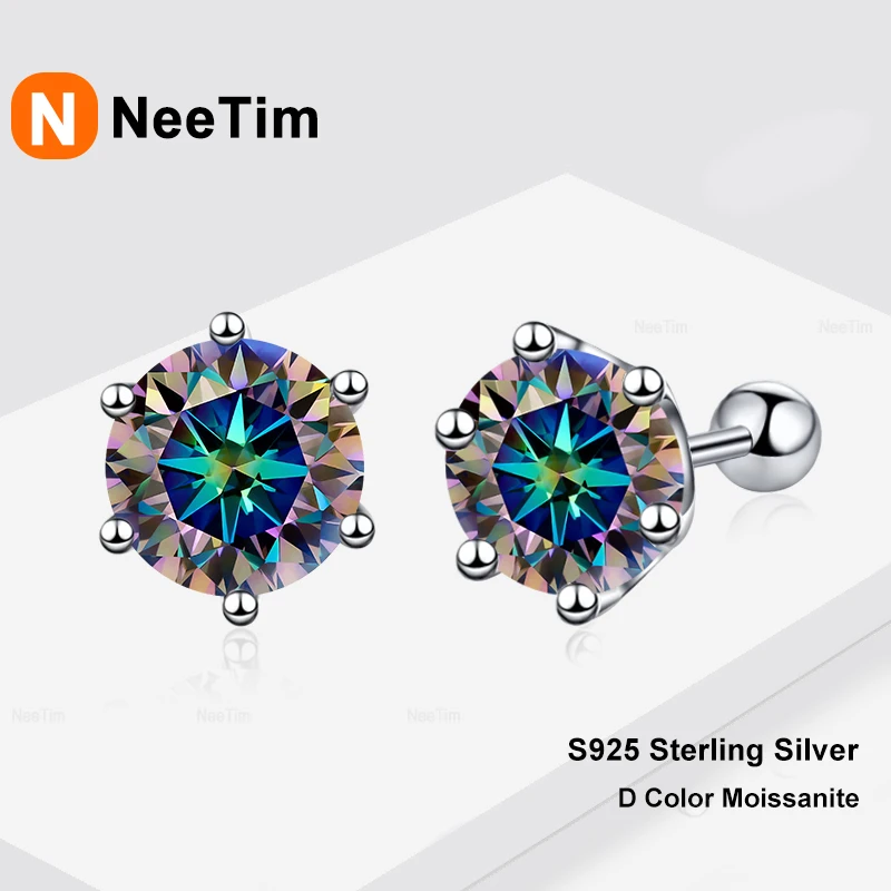 

NeeTim 0.5ct 1ct 2ct Grey Blue Moissanite Earrings for Women 925 Sterling Silver with White Gold Plated Women's Earrings Jewelry