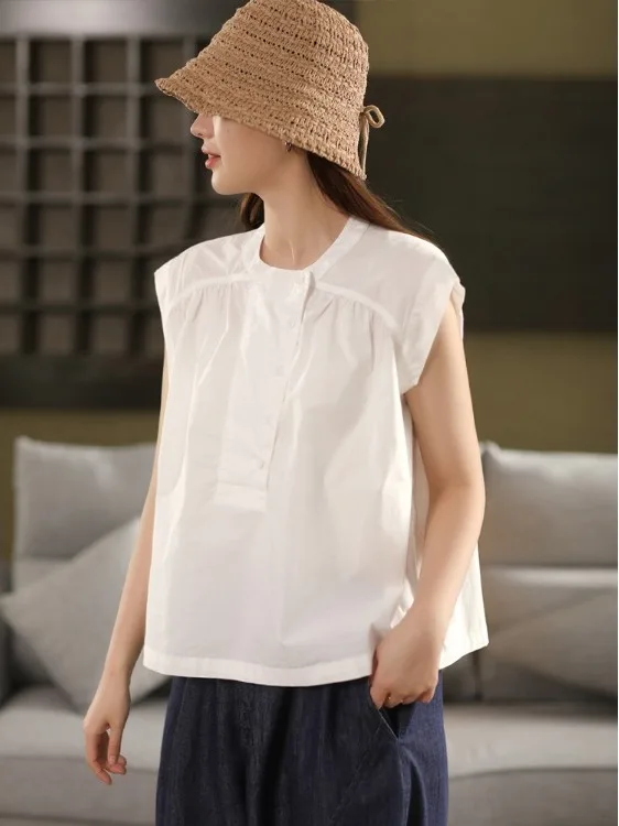 夏の新作レトロ通勤無地またはSveスタンドカラーTシャツゆったりフィットレディライクスリム薄手素材ノンストレッチ写真