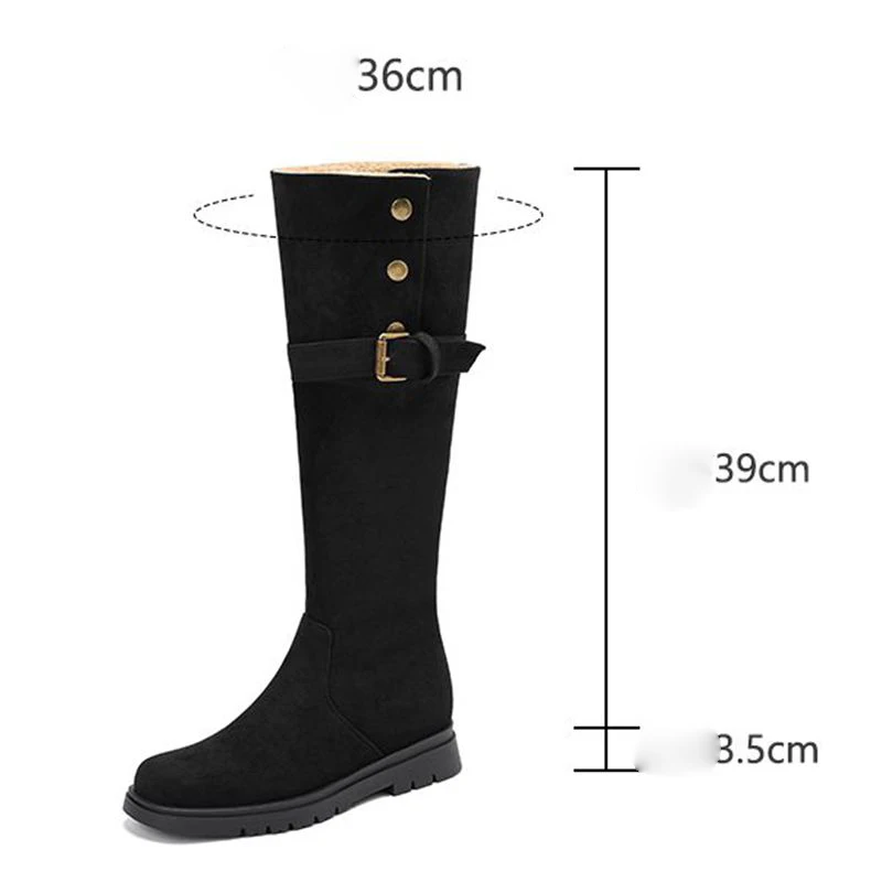 

ORCHA LISA Girls' Knee High Boots Round Toe Flat Slip On Belt Buckle Metal Decor Flock Suede Small Size 31-33 Soft Daily