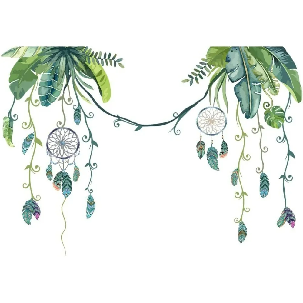 Plants Feather Wall Decals Dream Catcher Wall Stickers with Green Leaf Vine Wall Decor Peacock Pattern for Bedroom Balcony