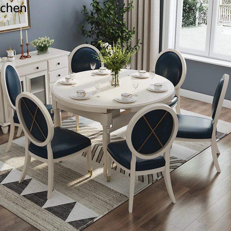 ZML Solid Wood Extendable Round Dining Table and Chair Set for Home Restaurant Small Apartment Round Dining Table