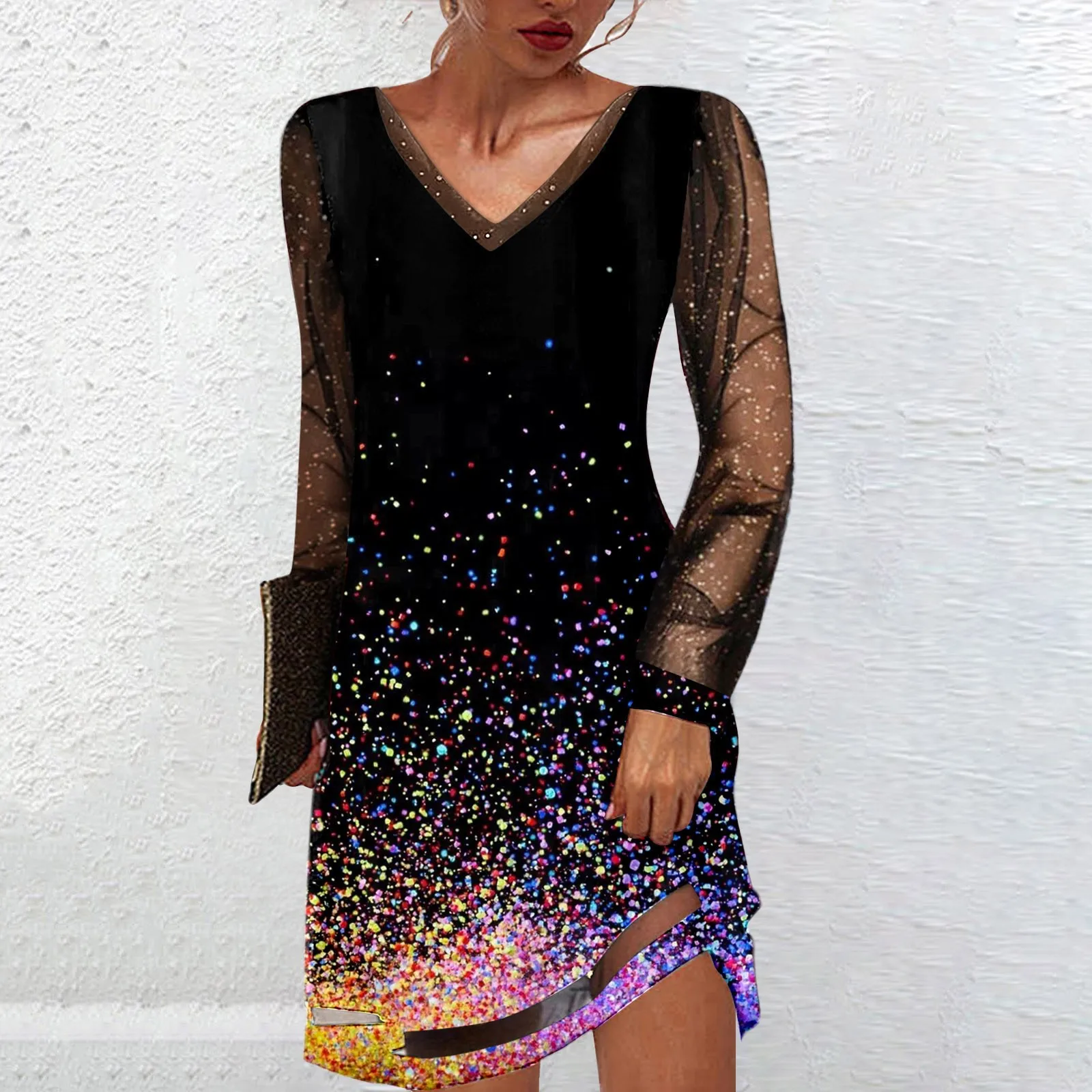 

V Neck Mesh Dress Women Patchwork Long Sleeve Sequins Print Party Dress Spring Summer Lady Loose Tunic Dress 2024 Vestidos