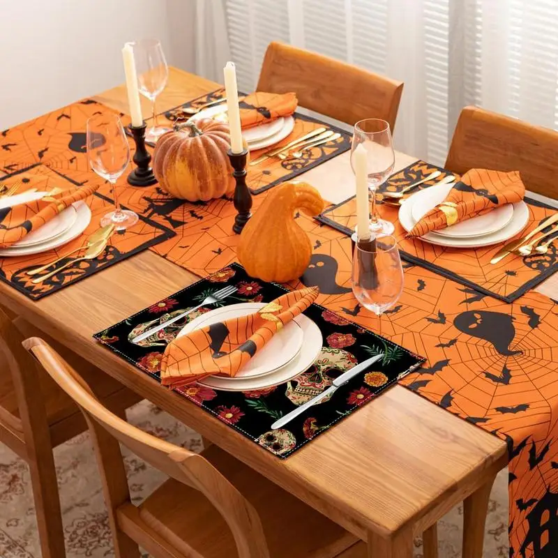 Halloween Placemats Set Of 4 Kitchen Table Mats Chrysanthemum Skull Seasonal Table Mats 4pcs Kitchen Halloween Decoration Table