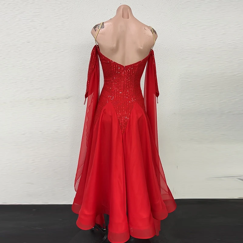 Vestido de baile de salón con hombros descubiertos, vestidos largos rojos con lentejuelas para competición de vals, traje de actuación de danza moderna estándar AMY2286