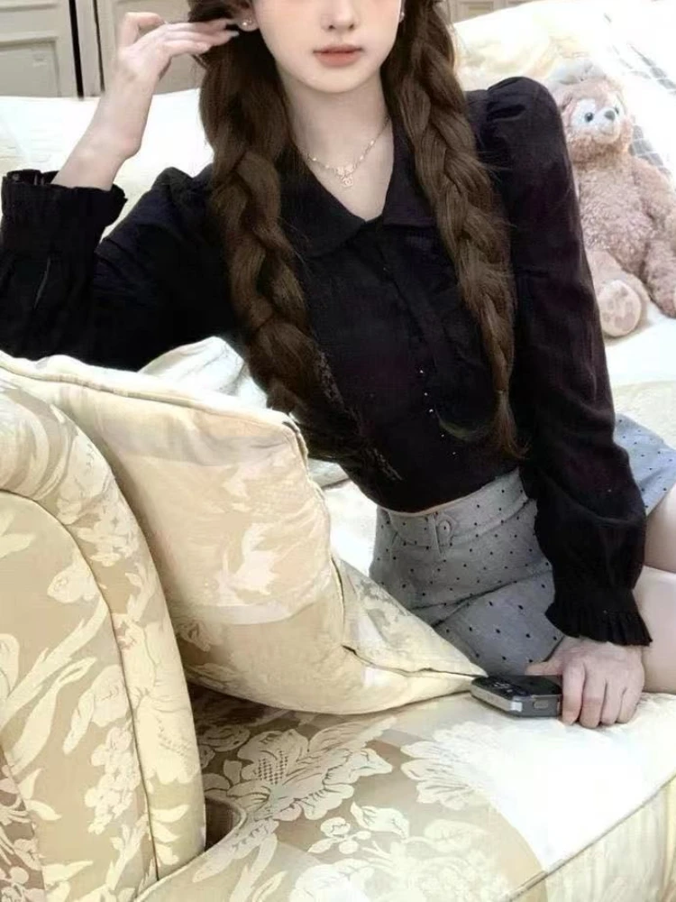 Setelan Dua Potong Vintage Prancis Elegan Wanita Atasan Lengan Panjang Hitam Chic + Rok Abu-abu Pakaian Baru Mode Slim Estetika Musim Gugur.