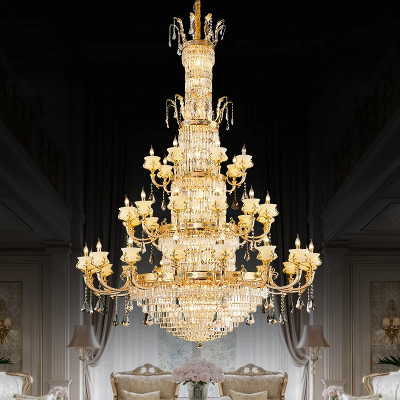 French Neoclassical Hotel Lobby Staircase Large Luminaires Luxury Villa Living Room Brass Jade Crystal Pendant Light