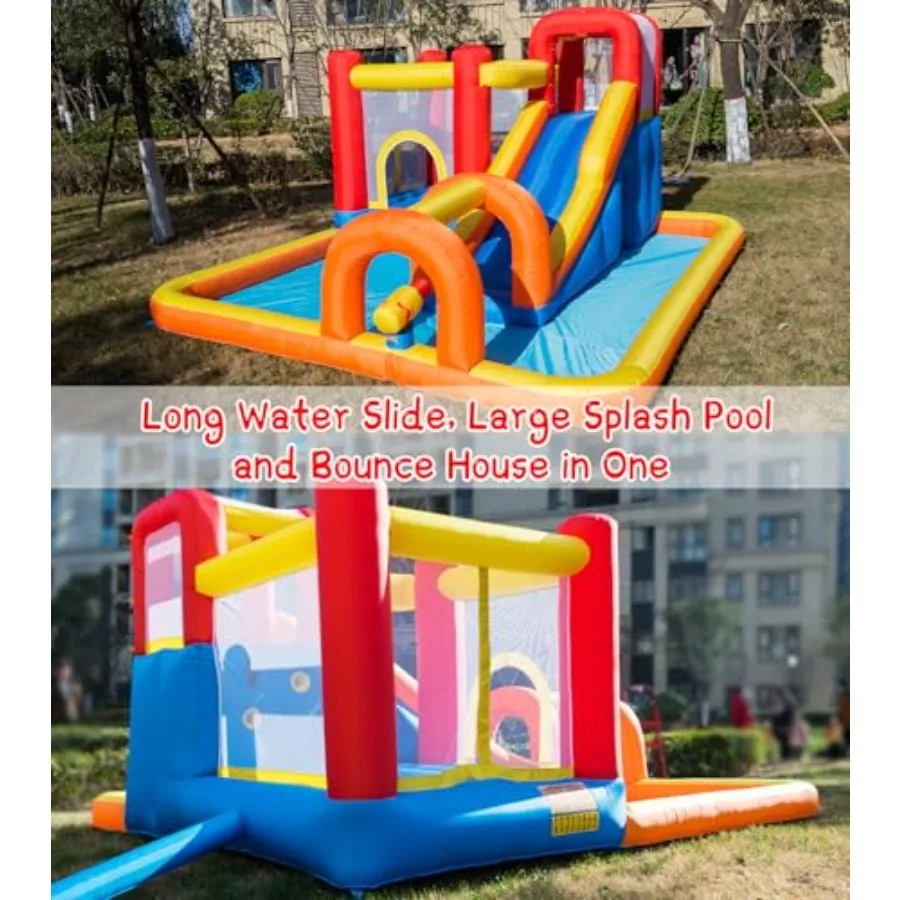 Parc aquatique gonflable pour maison de rebond, avec longue toboggan aquatique et grande piscine contre les éclaboussures, convient aux 5 enfants, un plaisir sans fin de saut, coulissant, d'escalade