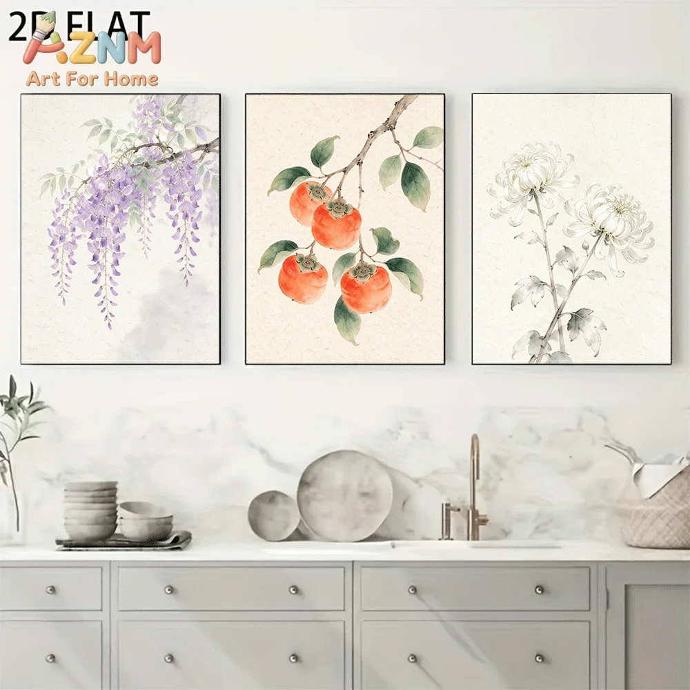 AZNM Frameless Canvas Wall Art, Chinese Ink Wisteria Persimmon Chrysanthemum Print, Oriental Watercolor Floral Botanical Art Wal