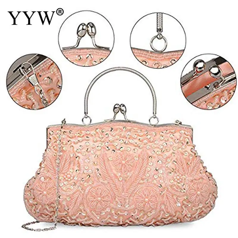 Crystal Beaded Evening Party Clutch Handbag Women Floral Printing Soft Tote Bags Metal Top Handle Wedding Brides Messenger Purse