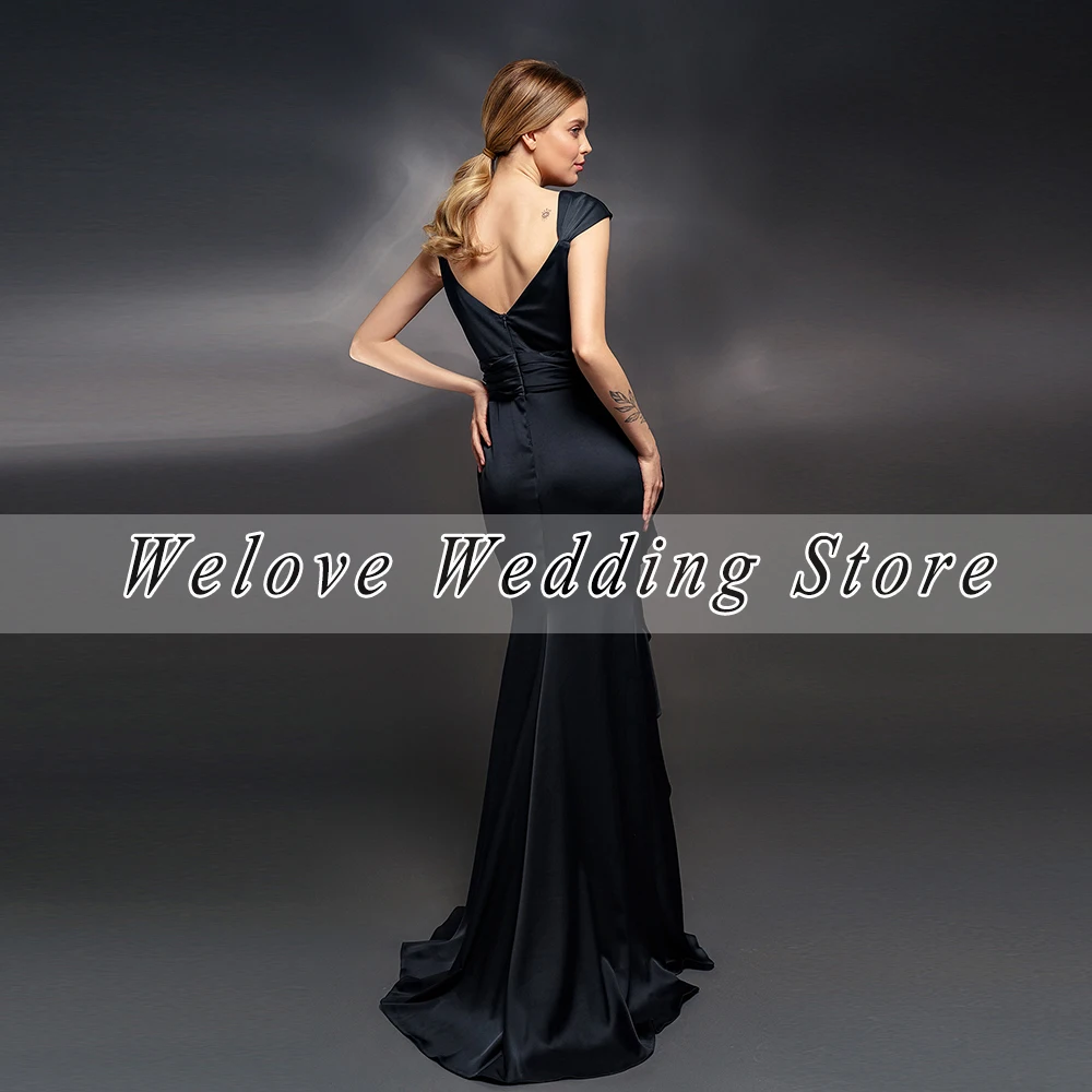 Sexy Meerjungfrau Satin Abendkleider Ärmel Zipper Zurück Charming Party Kleid Für Frau V Neck Side Slit Braut Kleid Rüschen