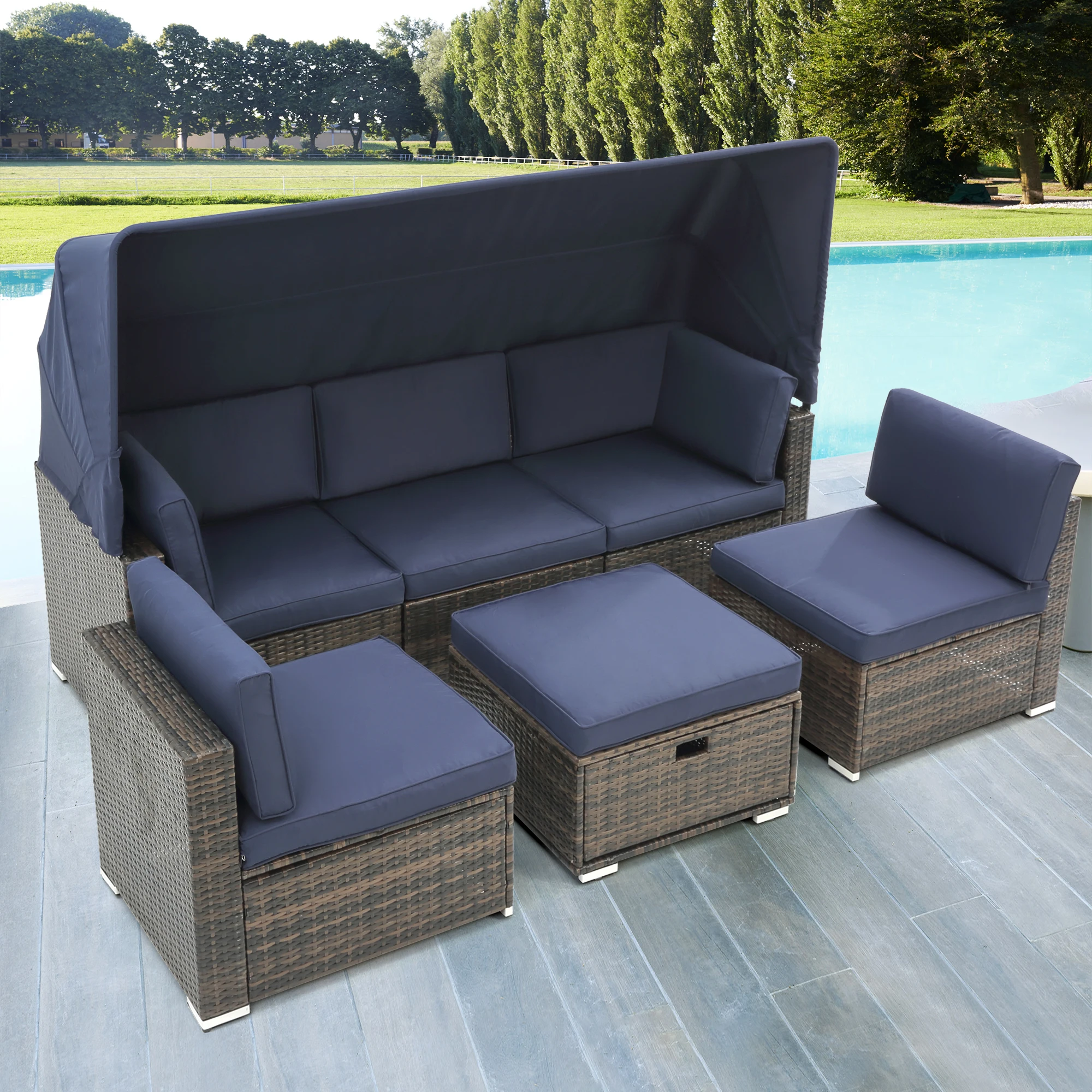 7Pcs Outdoor Garden Patio Furniture PE Rattan Wicker Sectional Cushioned Sofa Sets with 2 Pillows and Coffee Table with roof