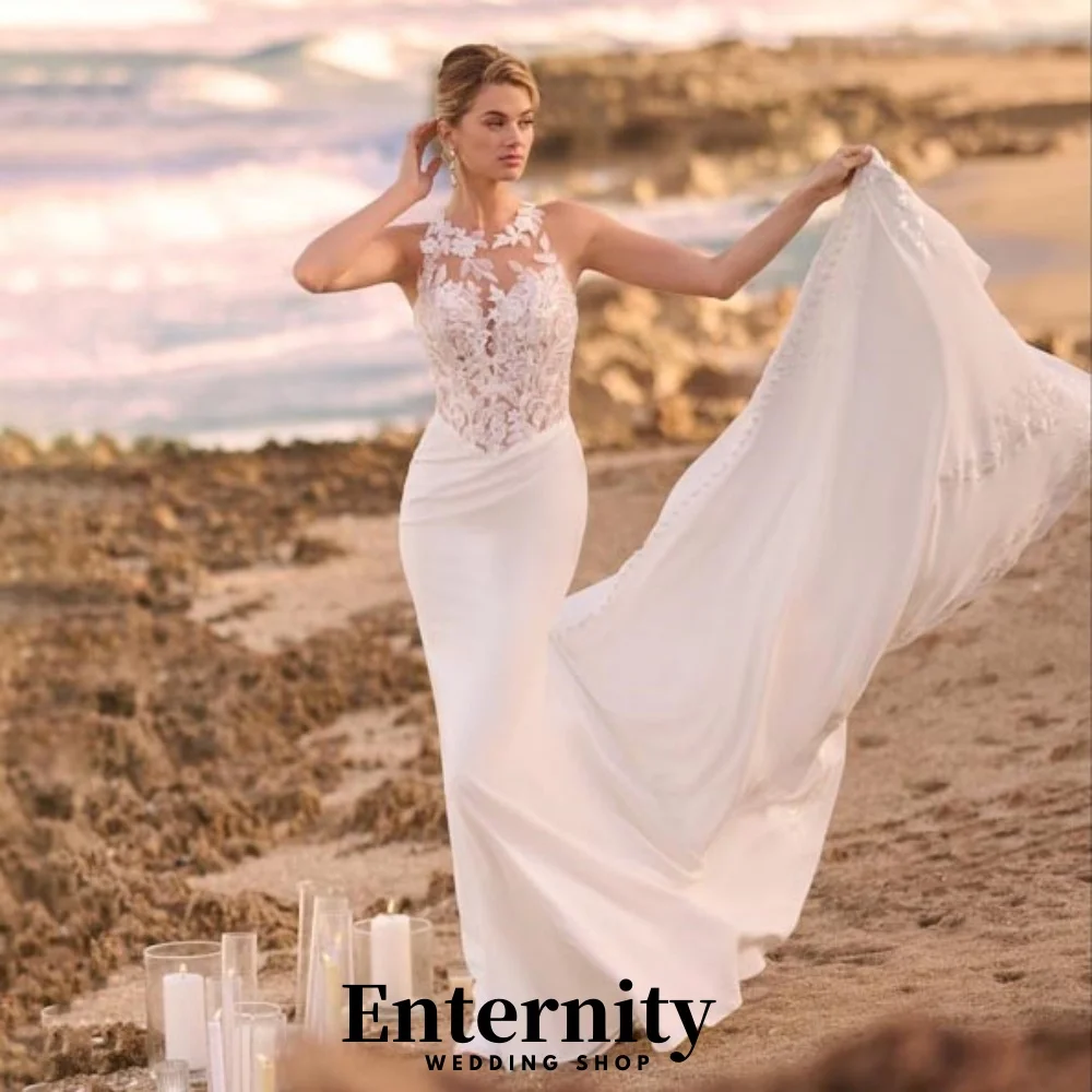

Customized Charming Lace Applique Wedding Dress Exquisite O-neck Button Bridal Gown Sleeveless Wedding Gown Vestidos De Novia