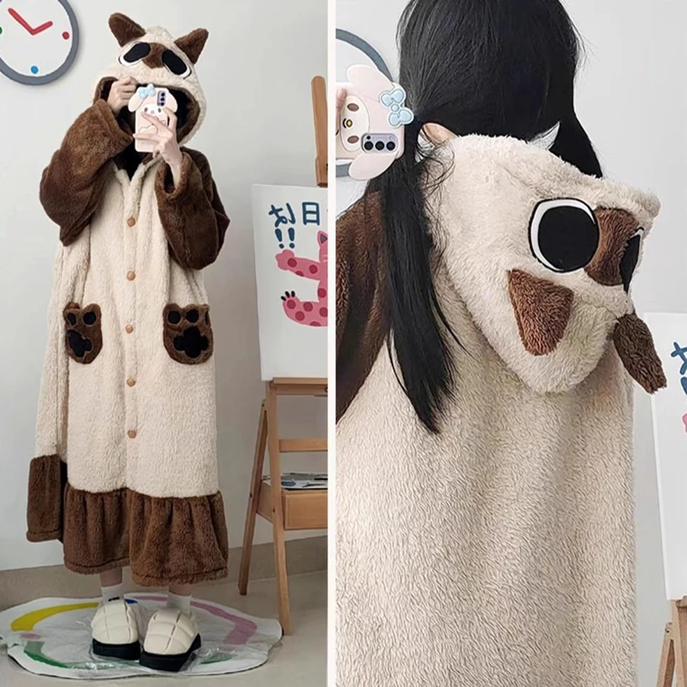 Women's Cartoon Pyjamas Set Nightdress Winter Cute Coral Fleece Sleeping Robe Thicken Warm Nightgown Homewear Set Sleepshirt