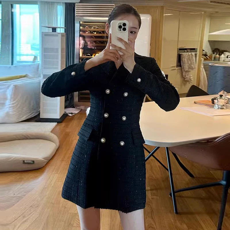 Women's Spring Autumn French Style Double Breasted Tweed Dress Lady Vintage Streetwear Long Sleeve Slim Short Blazer Dress