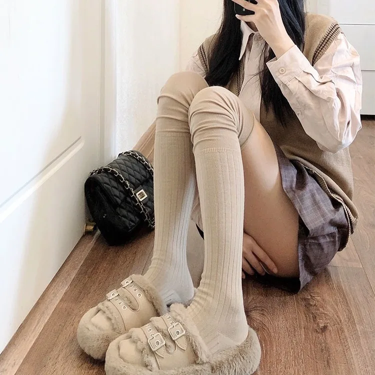 A pair Women's Knee-length Socks Ladies Thigh-length Socks Warm Knitted Boot Socks Leg Warmers Japan JK Cotton Thigh High Bot view 2