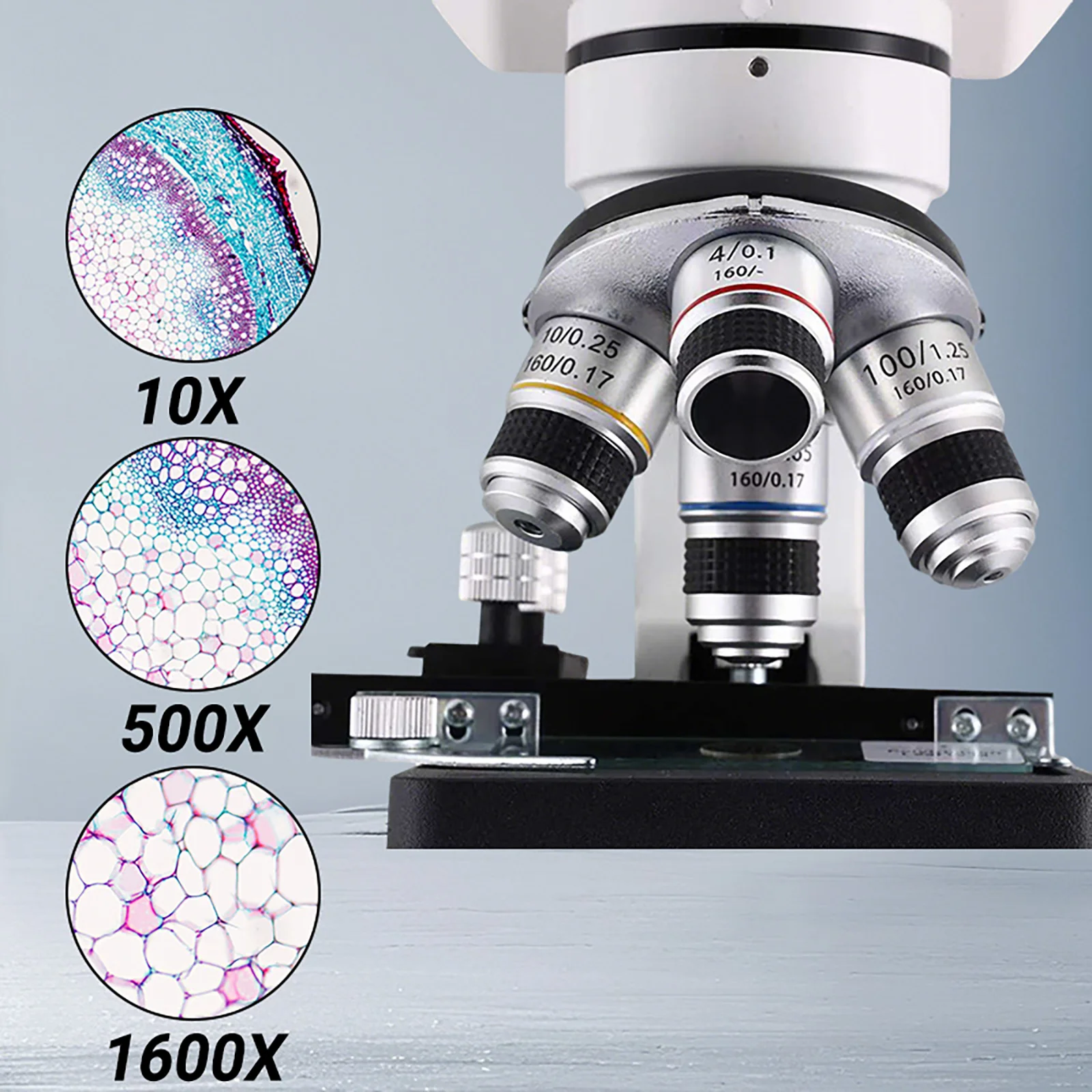 Microscopio Binocular para estudiantes, microscopios 64X-1600X, cuerpo metálico, doble iluminación LED, Kit de microscopio compuesto biológico
