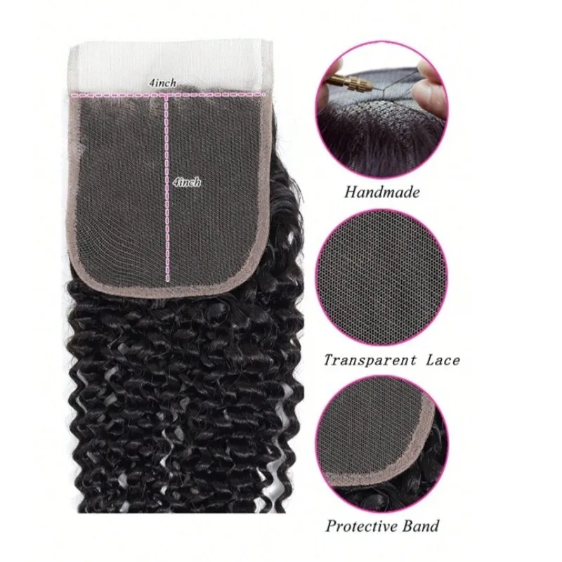 Capelli umani lisci crespi ad acqua profonda Chiusura in pizzo 4x4 Pre-pizzicati Densità del 150% Capelli vergini brasiliani con estremità completa 10-20 pollici