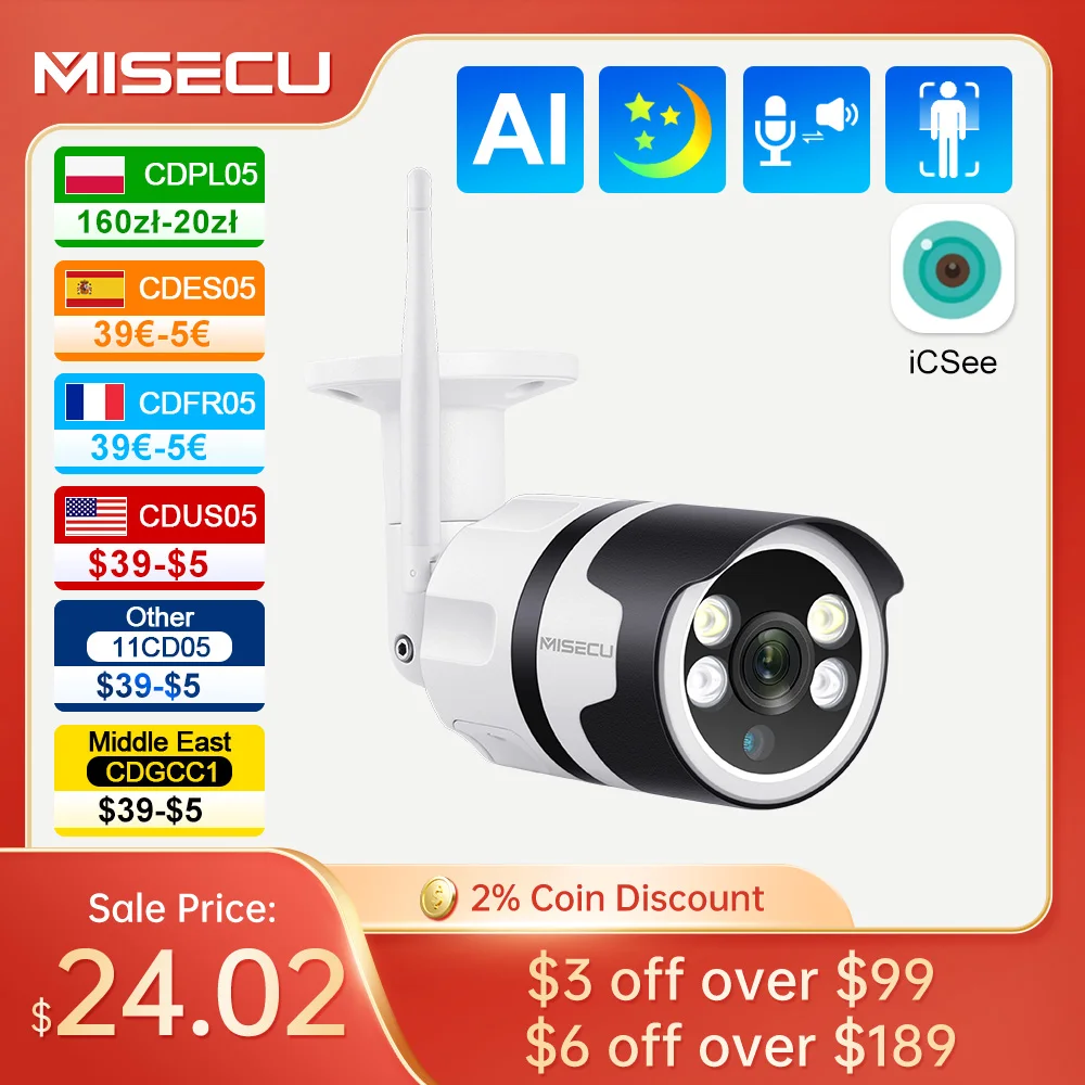 

MISECU 3MP 5MP WIFI IP Outdoor Camera AI Human Detection Full Color Night Vision Waterproof CCTV Video Security Camera P2P Onvif