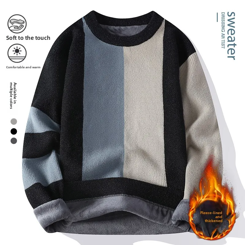 

Мужской утепленный флисовый свитер с круглым вырезом, модный, с цветовыми блоками, зимний, повседневный, удобный, мягкий, из полиэфирного волокна