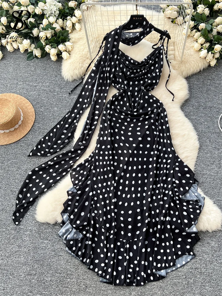 SINGREINY Vacation Ruffles Strap Dress Female Sleeveless Ribbon Backless Hotsweet Design Sundress Beach Polka Dot Long Dress