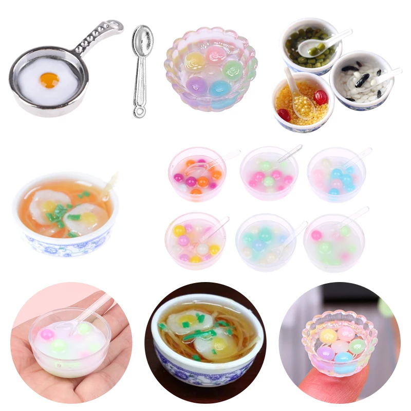 1Set Dollhouse Miniature Dumplings, Eggs, Noodles, Tangyuan Sweet Soup Bowl Model Kitchen Mini Chinese Doll Food Toy