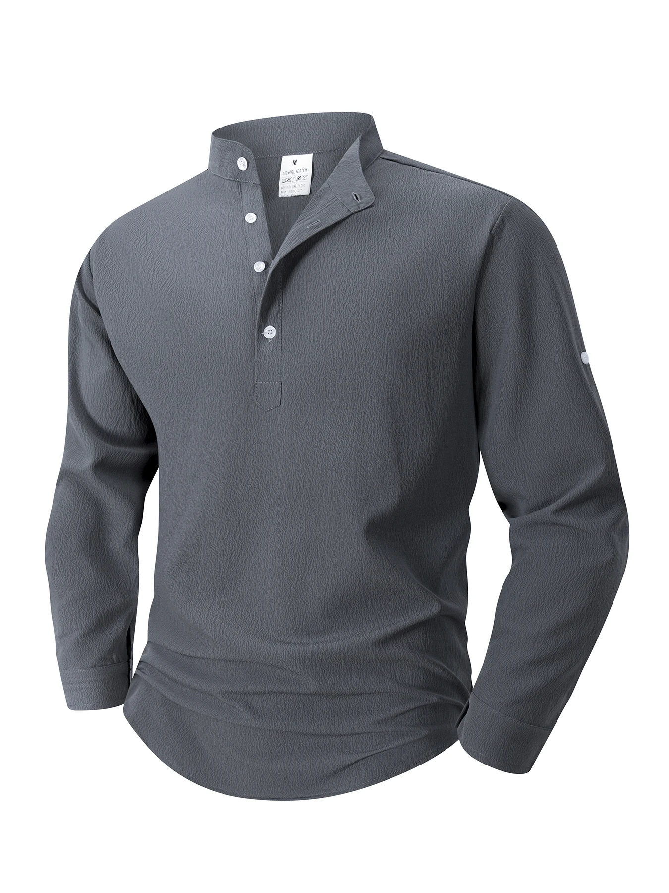Men's Business Casual Mandarin Collar Henley Shirt Wrinkled Textured Long Sleeve Half Button Office Commute Top