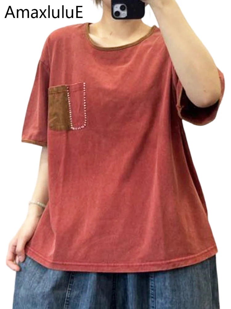 

Футболки Amax LuluE 2026 в корейском винтажном стиле, женские летние модные свободные топы с круглым вырезом, классическая повседневная одежда с пэчворком для женщин
