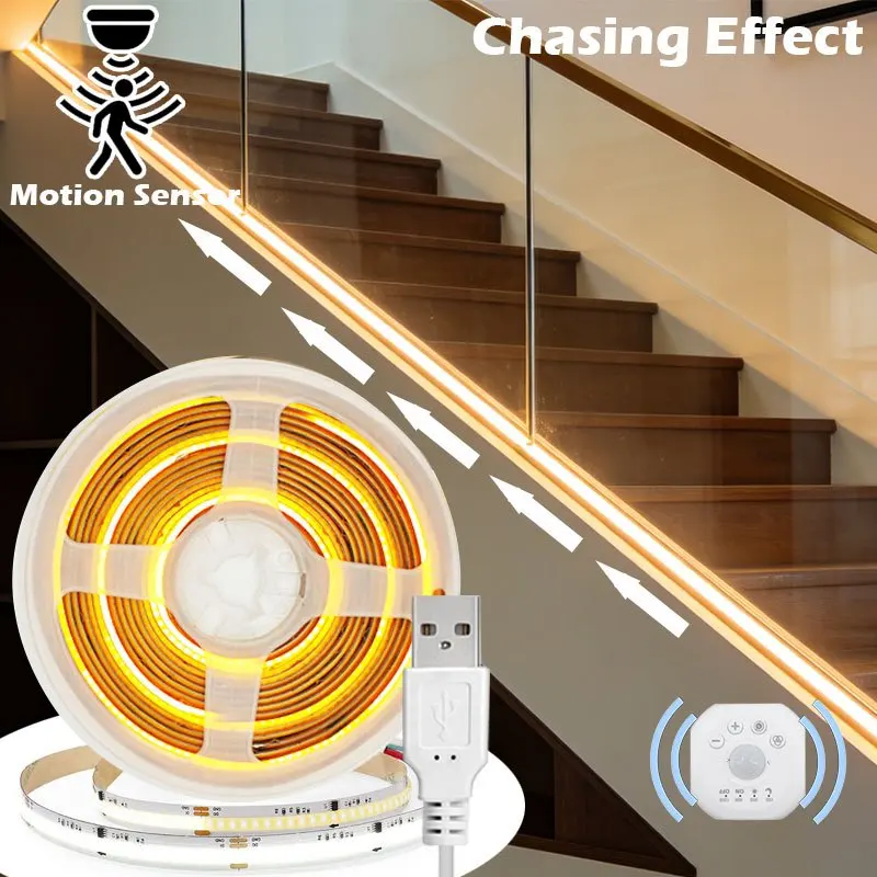 

USB-светодиодная лента COB с датчиком движения и эффектом бегущих огней, адресная гибкая светодиодная лента COB FOB