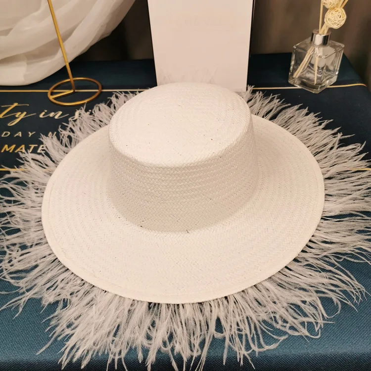 Vintage socialite feather flat top straw hat temperament goddess tassel big eaves hat hat all-match sun block hat summer