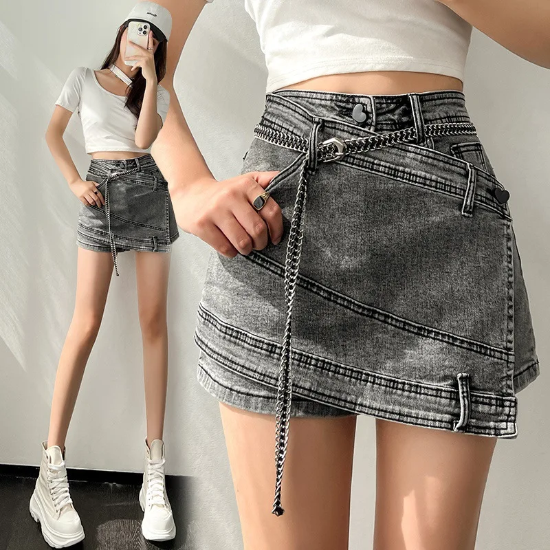 Spring Summer Women Mini Skirt Gray Irregular Splicing Design High Waist Denim Skirt Slim Fashion Elastic Short Dress