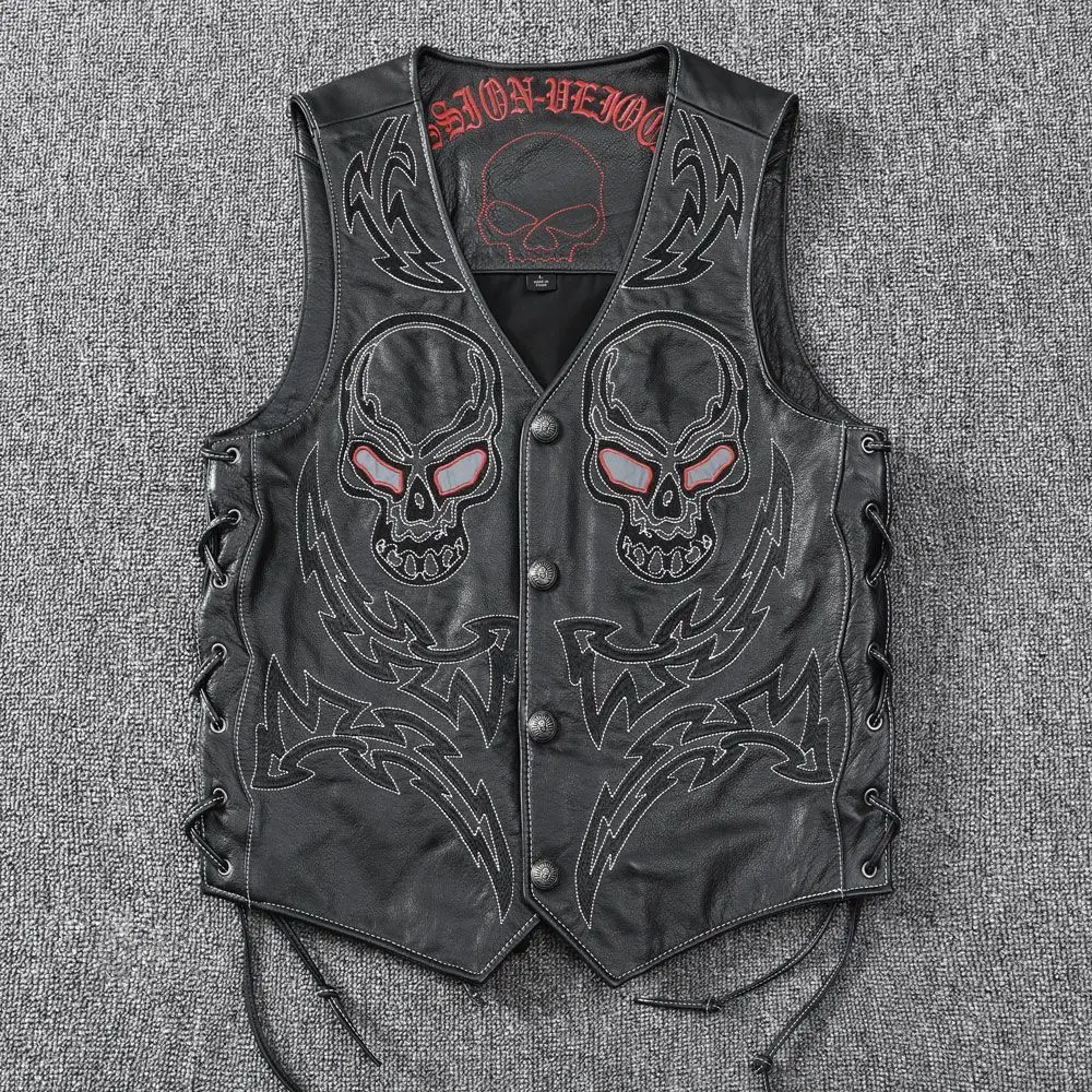 Black Four Seasons Leather Vest Men Plus Size 4XL Genuine Natural Cowhide Skull Embroidery Pattern Single Breasted Vest
