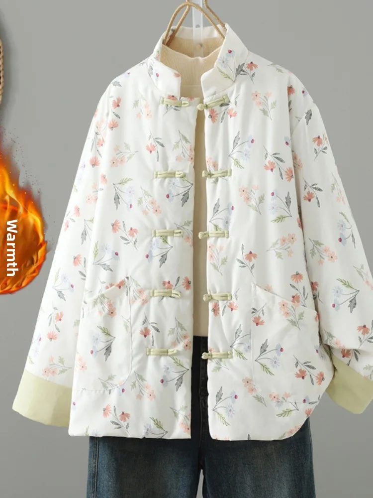 

Women's Cotton Jacket Thickened Cotton Inner Warm Outerwear Short Coat Vintage Style Printed Floral Design Winter Coat