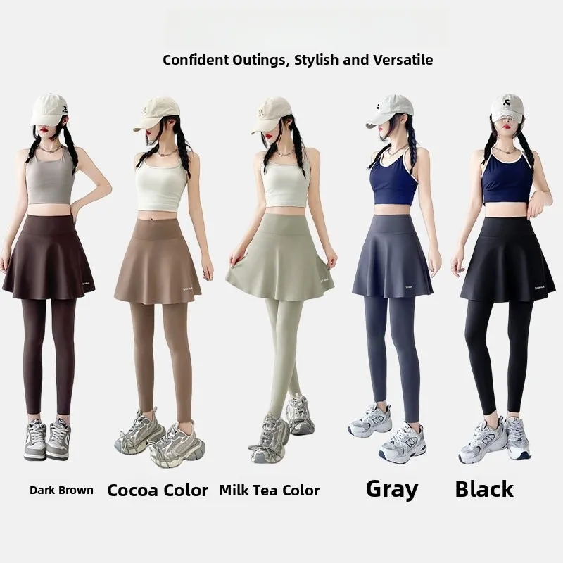 Pantaloni da yoga a vita alta Pantaloni da donna finti in due pezzi con gonna in pelle arca Controllo della pancia Sollevamento del sedere Primavera Estate Materiale sottile