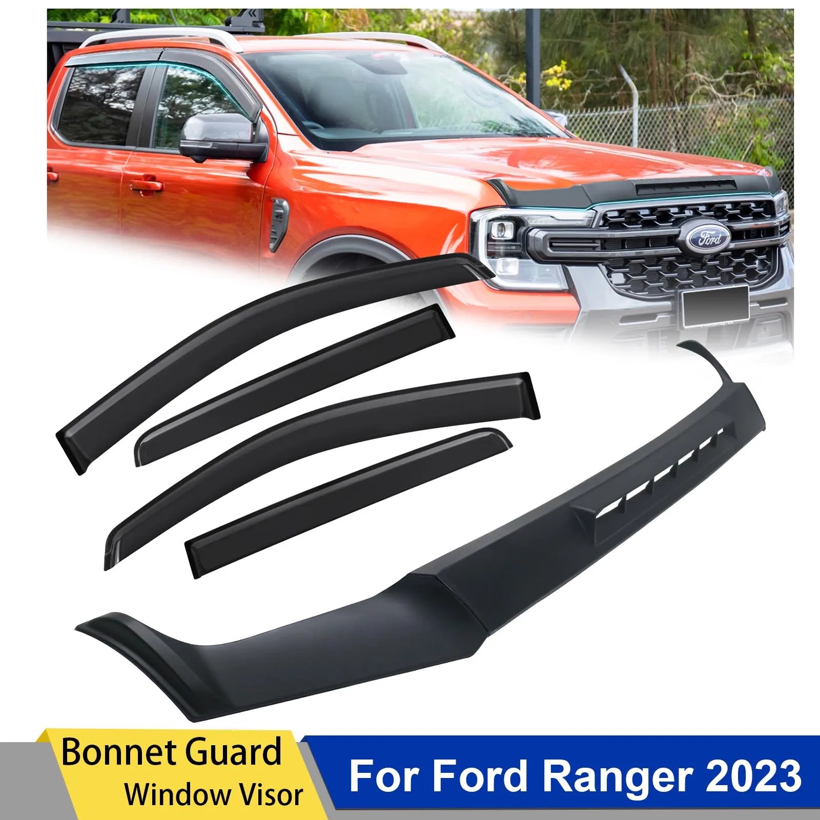 Bonnet Guard Protector +Window Visor For Ford Ranger 2023 2024 Wildtrak Sport XL XLS Bug Shield Hood Deflector Weather Shield