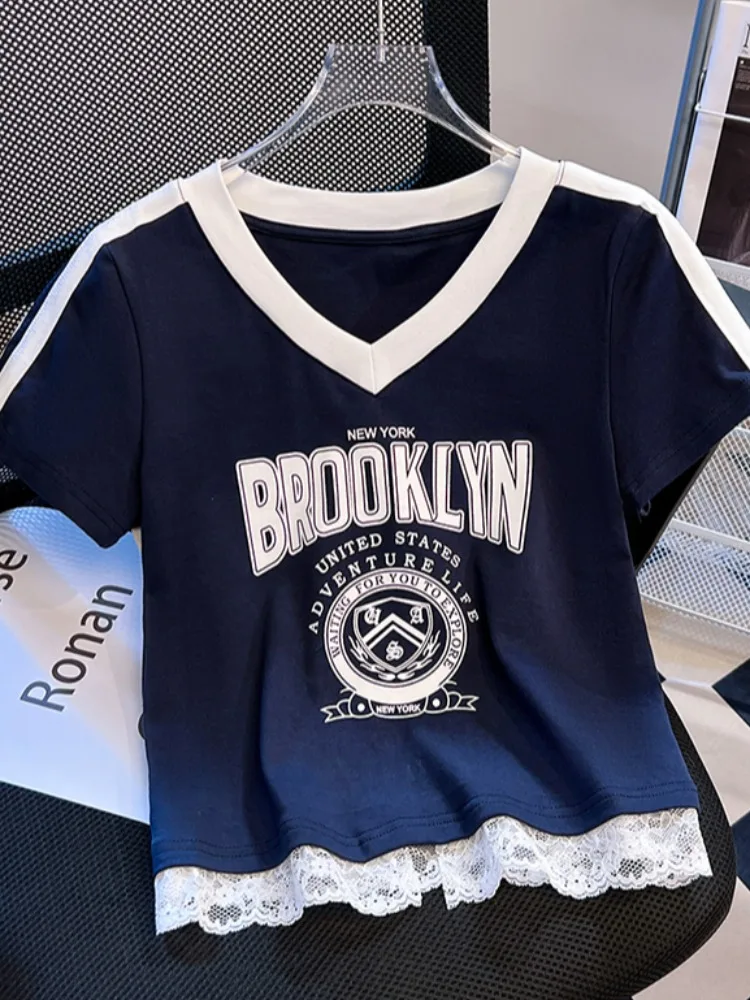 Summer ort Sve V-Ne Lace T-irt Women's Slim Fit  Design Self-Kee Sle Korean Commute Cotton Polyester Blend