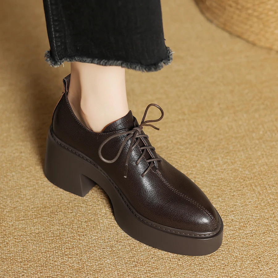 EAGSITY cow leather women's casual shoes chunky heel lace up derby shoes leisure street style retro sneaker thick outsole