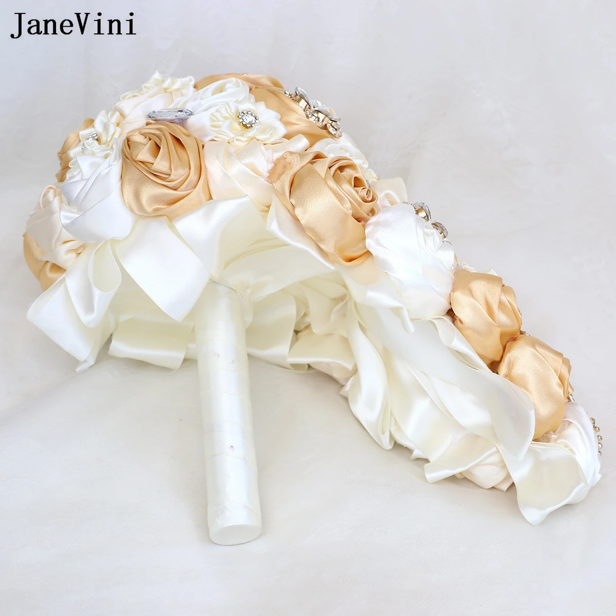 JaneVini Light Khaki Waterfall Bridal Bouquets Bling Gold Rhinestone Artificial Satin Roses Cascade Bride Flower Wedding Bouquet