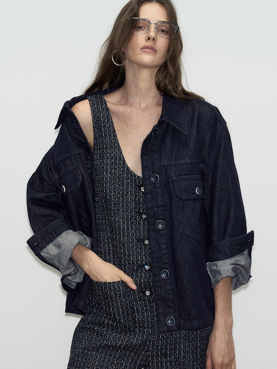 

Джинсовая куртка свободного кроя DeeSicile, темно-синяя, женская модная верхняя одежда, короткое пальто на пуговицах из смесового хлопка