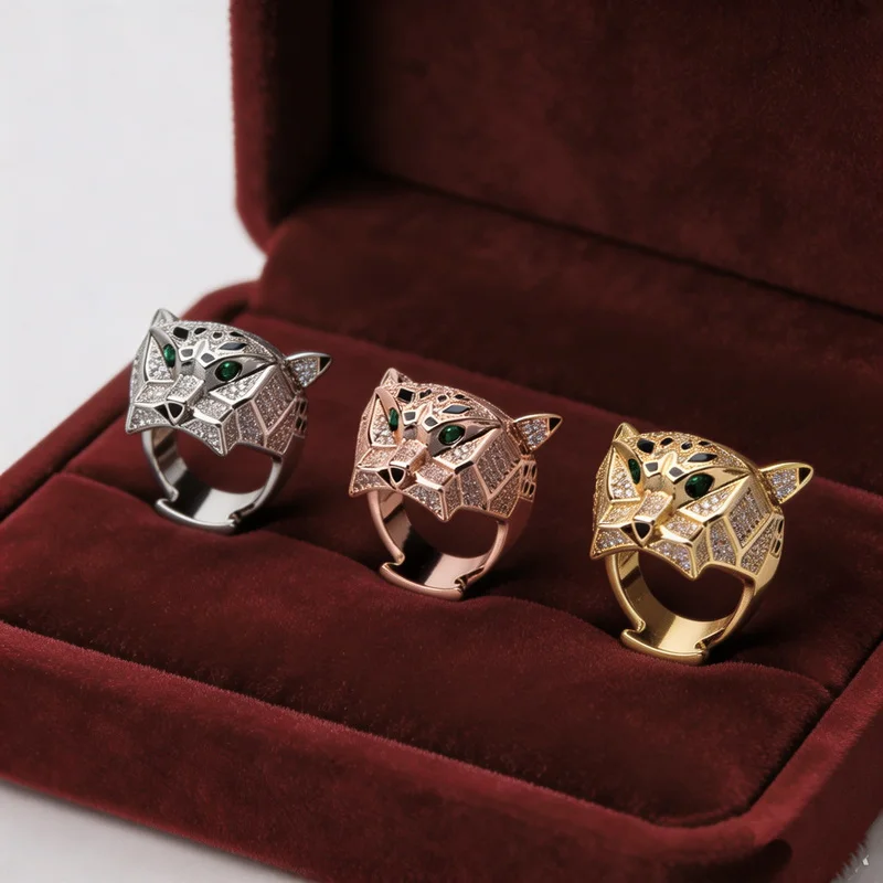 Classic Fashion Style Ring Men Women Lady Inlaid Full Cubic Zircon Black Patches Green Eyes Leopard Panther Party Rings